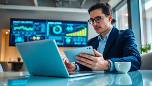 B2B mystery shopping professionals analyzing data in a modern office setting with lively interaction.