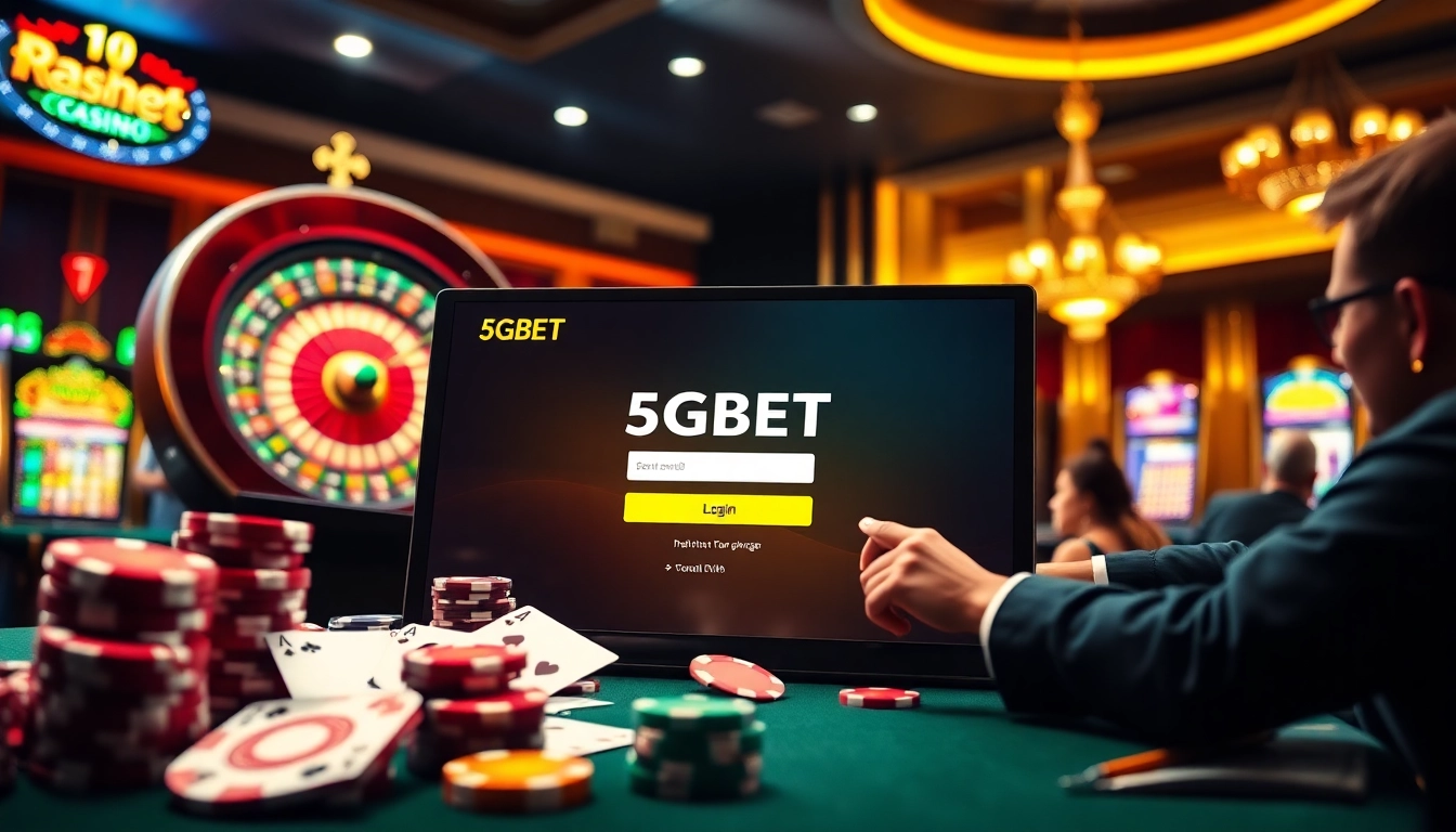 Players engaging in exciting online gambling with 5GBET Login displayed on a luxurious digital interface.