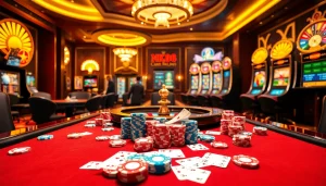 Exciting gaming scene showcasing nk88 amidst poker chips and roulette wheels.