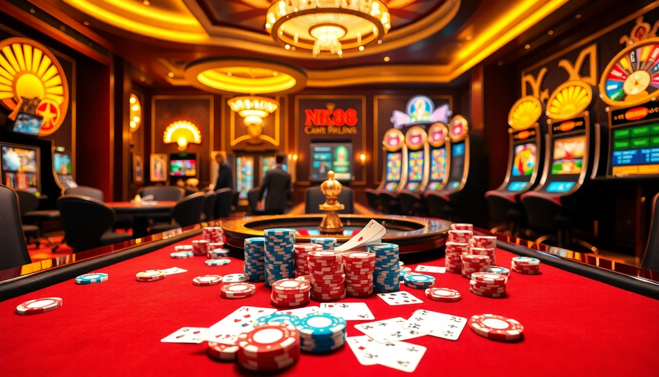 Exciting gaming scene showcasing nk88 amidst poker chips and roulette wheels.