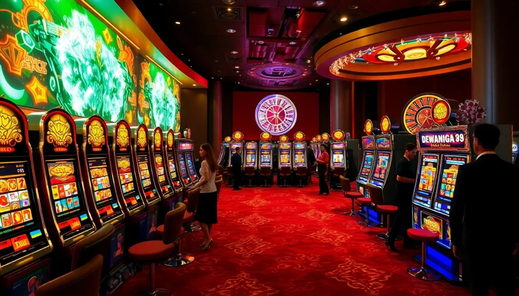 Berinteraksi dengan mesin slot Dewanaga89 di lingkungan kasino mewah, menampilkan gulungan berwarna cerah dan pemain yang bersemangat.