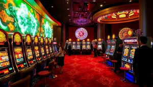 Berinteraksi dengan mesin slot Dewanaga89 di lingkungan kasino mewah, menampilkan gulungan berwarna cerah dan pemain yang bersemangat.