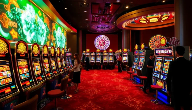 Berinteraksi dengan mesin slot Dewanaga89 di lingkungan kasino mewah, menampilkan gulungan berwarna cerah dan pemain yang bersemangat.