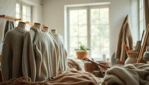 Showcase unique handmade garments from https://www.ound-ound.com in a natural, warm setting.