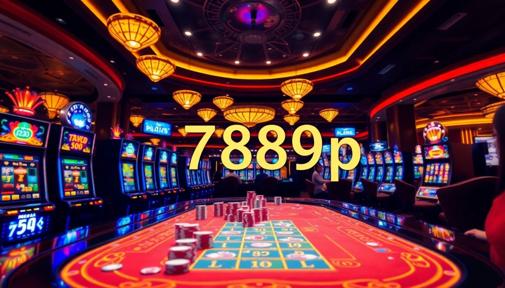 A lively casino scene where players engage in games at 789p's premium gaming tables, featuring vibrant lights and slot machines.