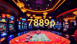 A lively casino scene where players engage in games at 789p's premium gaming tables, featuring vibrant lights and slot machines.