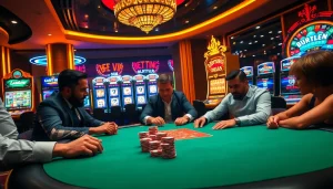 Trải nghiệm cảm giác hồi hộp của poker cược cao tại Bet VIP với người chơi sôi động và máy đánh bạc đầy màu sắc.
