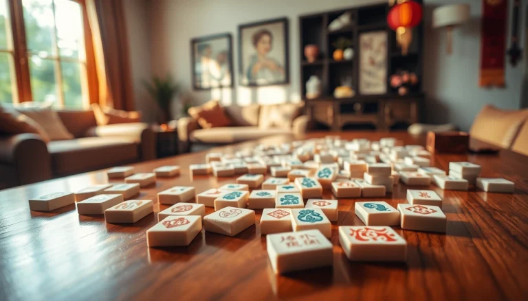 Permainan mahjong dengan ubin yang dirancang indah di atas meja kayu, menciptakan suasana akrab.