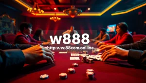 Experience excitement at https://w88com.online/ with players engaging in thrilling card games at a luxurious casino.