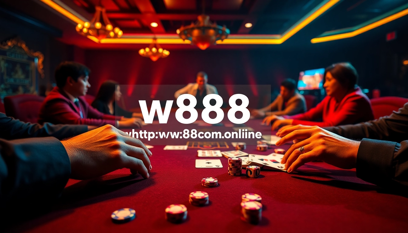 Experience excitement at https://w88com.online/ with players engaging in thrilling card games at a luxurious casino.