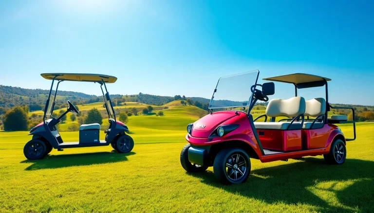 Showcasing activ ev golf carts parked in a sunny golf course, emphasizing modern design.