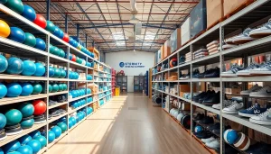 Affordable used bowling equipment showcased in a bright warehouse setting, including refurbished bowling balls and shoes.