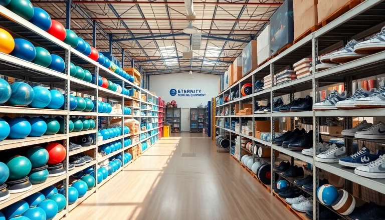 Affordable used bowling equipment showcased in a bright warehouse setting, including refurbished bowling balls and shoes.