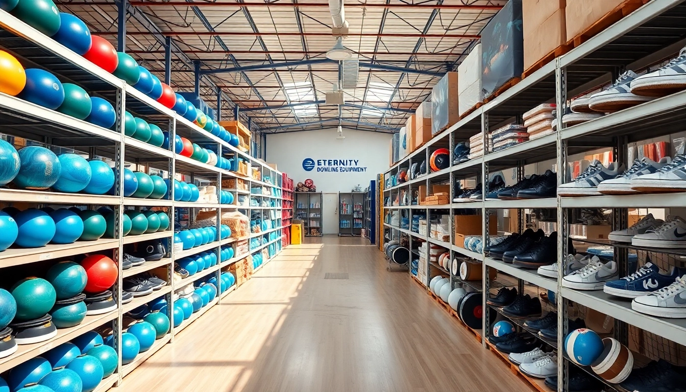 Affordable used bowling equipment showcased in a bright warehouse setting, including refurbished bowling balls and shoes.
