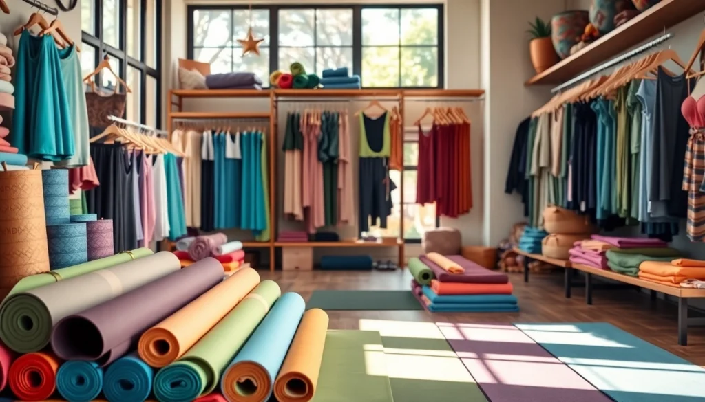 Explore the vibrant yoga shop displaying colorful mats and activewear for yoga enthusiasts.