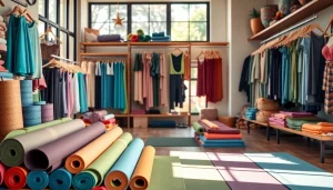 Explore the vibrant yoga shop displaying colorful mats and activewear for yoga enthusiasts.