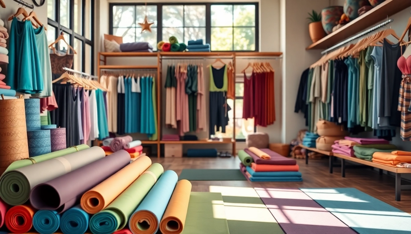 Explore the vibrant yoga shop displaying colorful mats and activewear for yoga enthusiasts.