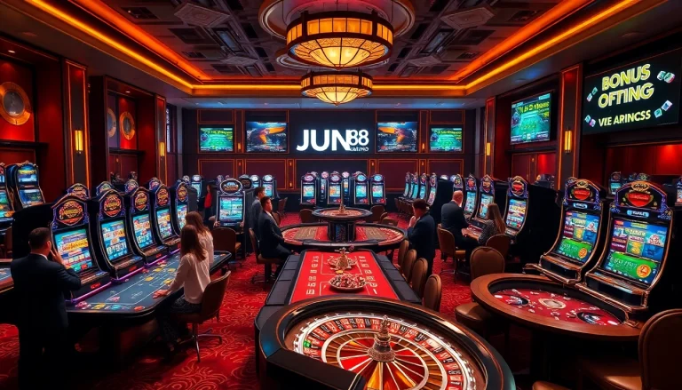 Experience thrilling gaming moments at JUN88's online casino with vibrant slot machines and enticing tables.