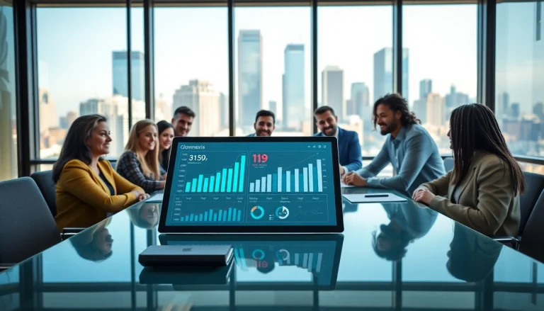 glownexis.com의 회의 중 다양한 직군의 사람들이 협력하는 장면입니다.