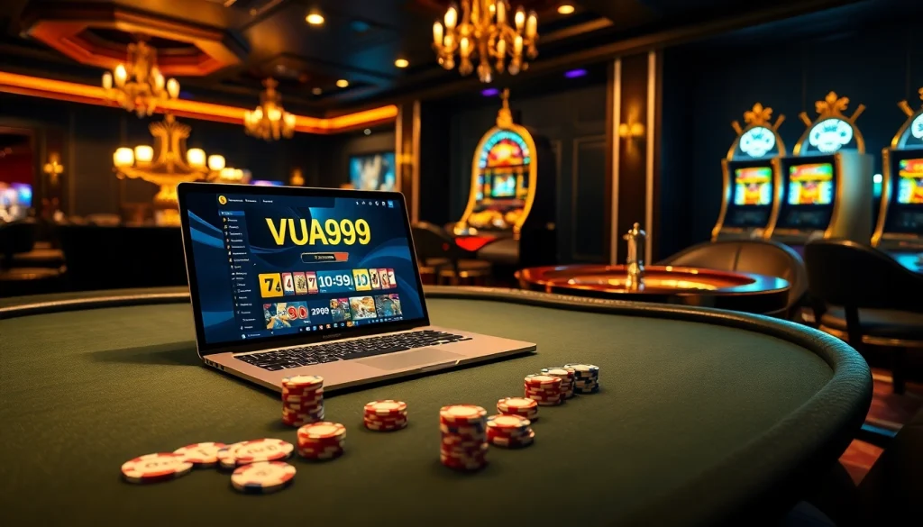 Experience intense gameplay at VUA99 with a luxurious poker table and vibrant casino elements.