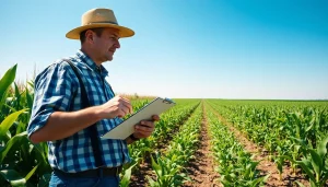 Farmer in agriculture law setting, overseeing crops with clipboard highlighting agricultural practices.