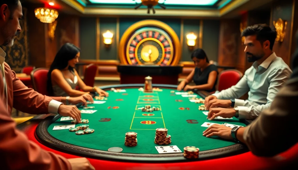 Engaged players strategizing at a casino table with 주소모음 elements, showcasing an exciting gaming environment.