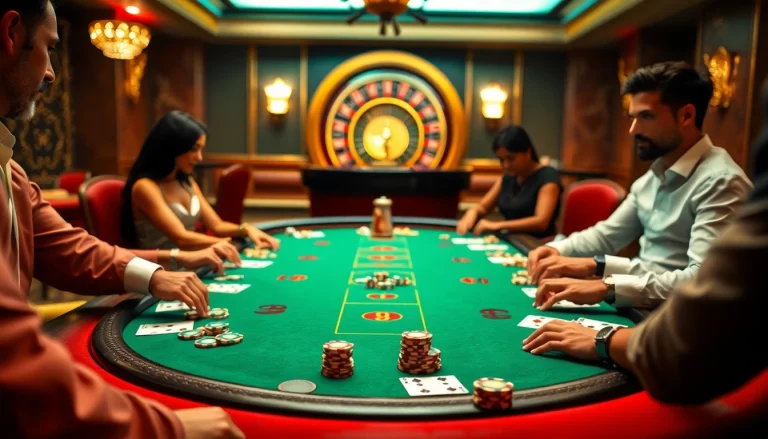 Engaged players strategizing at a casino table with 주소모음 elements, showcasing an exciting gaming environment.