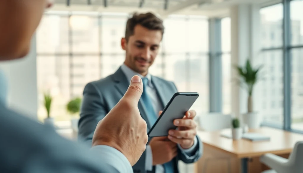 Utilizing mobile CRM on a smartphone in a modern office setting to boost productivity.