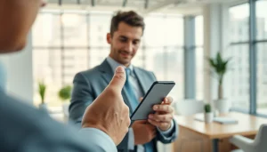 Utilizing mobile CRM on a smartphone in a modern office setting to boost productivity.