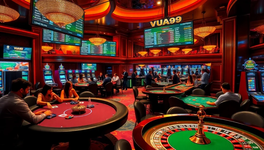VUA99 players enjoying an exciting casino experience with vibrant poker tables and digital betting screens.