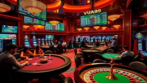 VUA99 players enjoying an exciting casino experience with vibrant poker tables and digital betting screens.