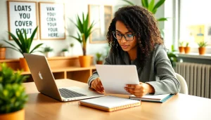 Crafting a cover letter within a professional setting, highlighting attention to detail.