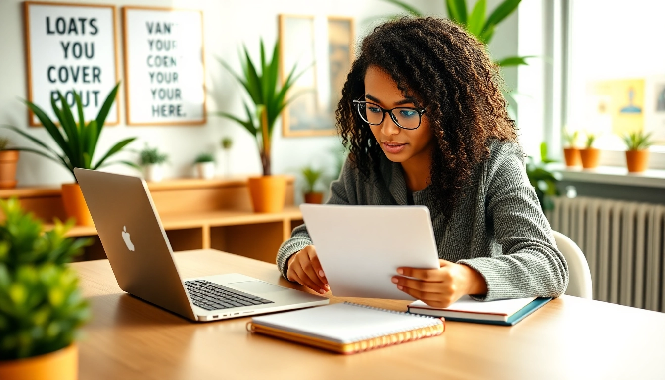 Crafting a cover letter within a professional setting, highlighting attention to detail.