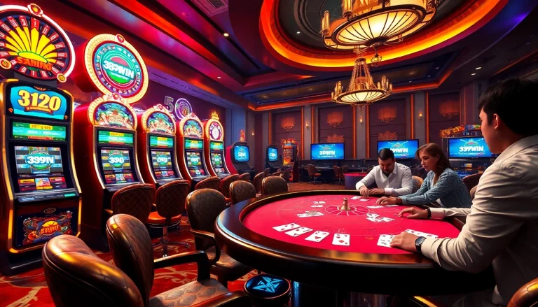 389WIN logo shines on digital screens as players engage in thrilling casino games.