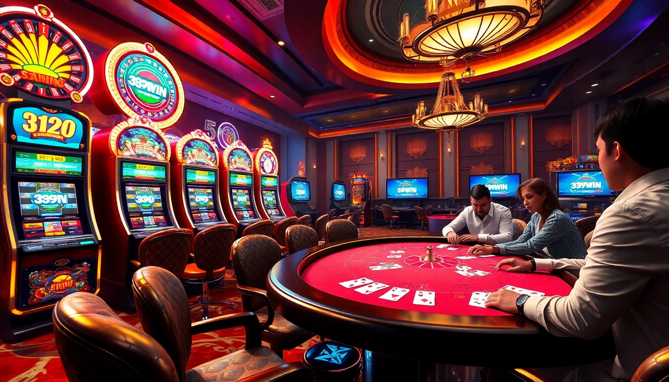 389WIN logo shines on digital screens as players engage in thrilling casino games.