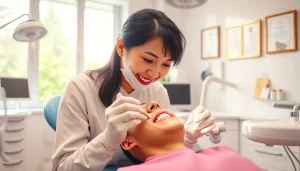 Veneers Malaysia: A dentist applying porcelain veneers to a patient in a modern dental clinic.