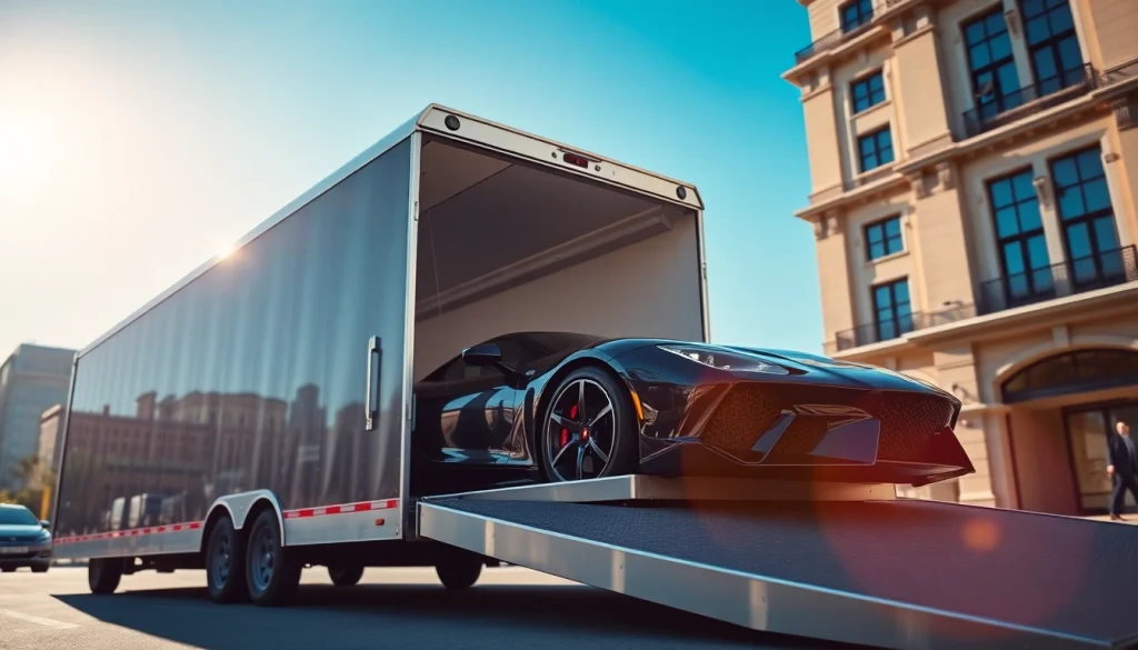 Transport luxury vehicles safely with https://luxuryautocarriers.com in a modern urban environment.