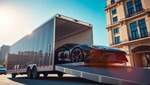 Transport luxury vehicles safely with https://luxuryautocarriers.com in a modern urban environment.