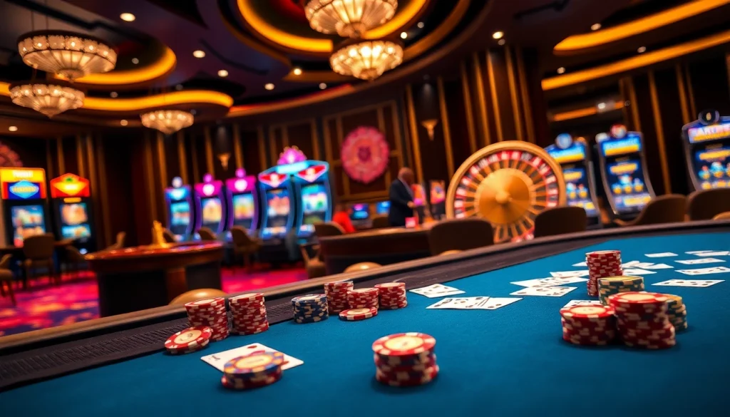 Engage with Nhà cái OK365's thrilling casino environment, showcasing poker tables and vibrant games.
