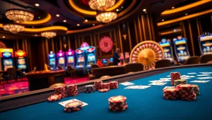 Engage with Nhà cái OK365's thrilling casino environment, showcasing poker tables and vibrant games.
