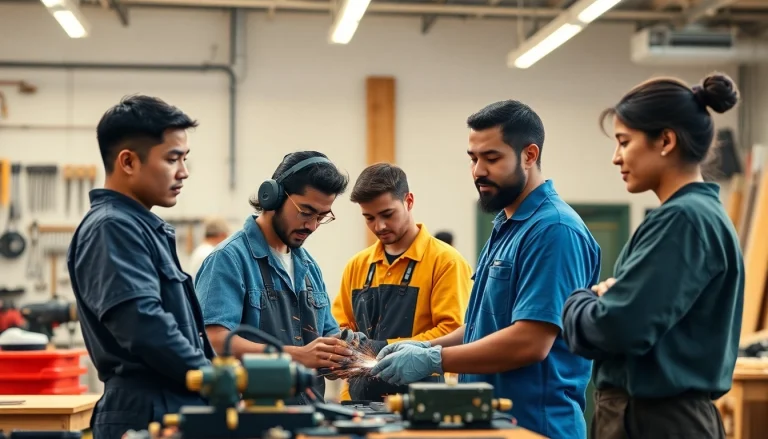 Students at trade schools Oahu practicing technical skills in a vibrant workshop.