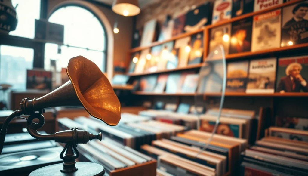 Showcasing gramaphone records with a vintage gramophone setup in a warm music store atmosphere.