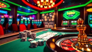 Engage with Hi88's professional gambling atmosphere, focusing on poker chips and casino tables.