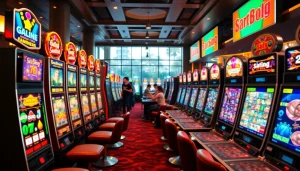 Permainan slot deposit 5000 dengan mesin slot yang cerah dan pemain antusias di kasino modern.
