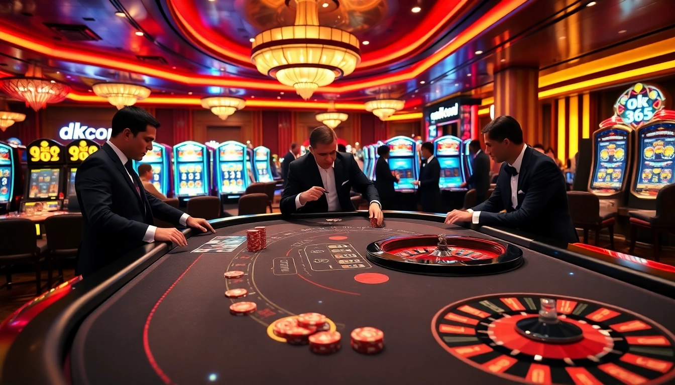 Experience the thrills of ok 365 in a luxurious casino setting with vivid blackjack and slot machine action.