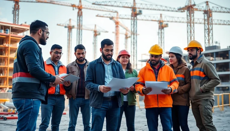 Engaged team in construction workforce development planning at a busy site.