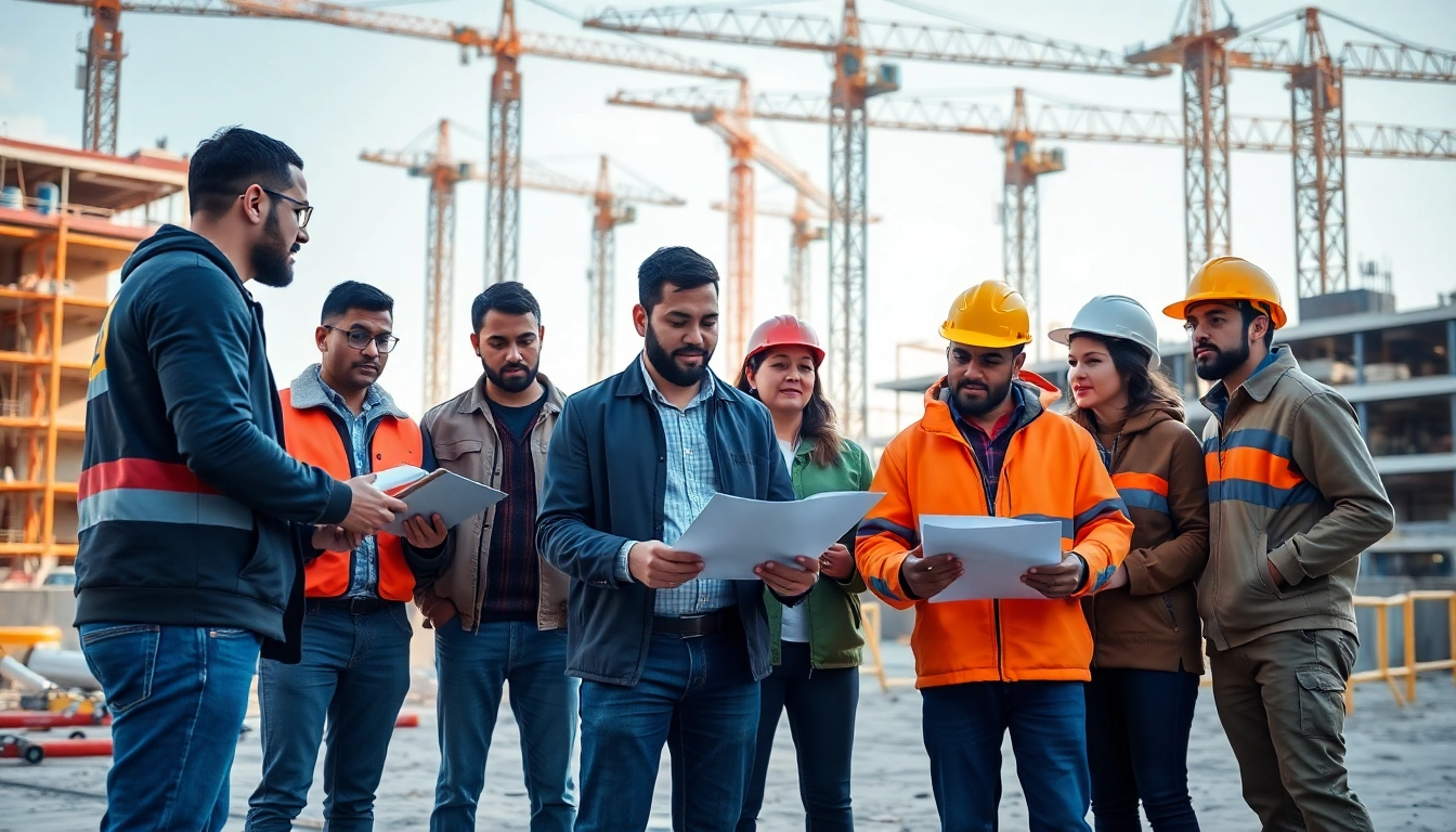 Engaged team in construction workforce development planning at a busy site.