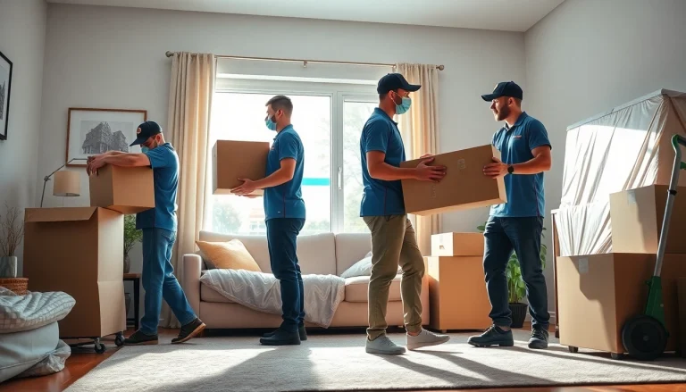 Movers efficiently packing and transporting items in a cozy living room setting.