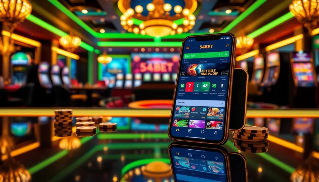 Engaging visual of the 54BET App on a smartphone set in an upscale casino environment.