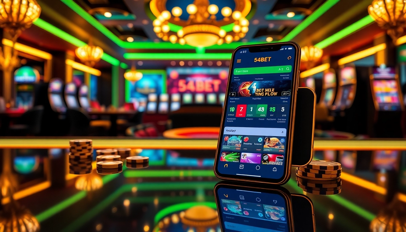 Engaging visual of the 54BET App on a smartphone set in an upscale casino environment.